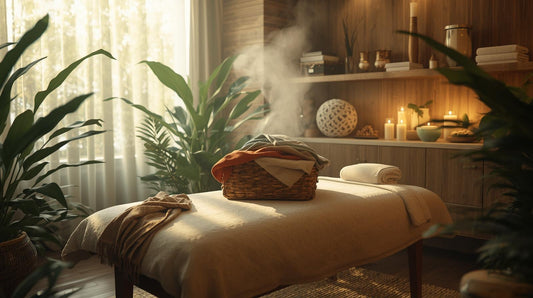 A peaceful spa room with candles and plants, featuring a steaming basket of laundry on a massage table getting the “spa day” treatment.