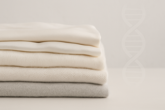 Folded silk, wool, and cashmere with faint DNA motif symbolising gentle fabric care.