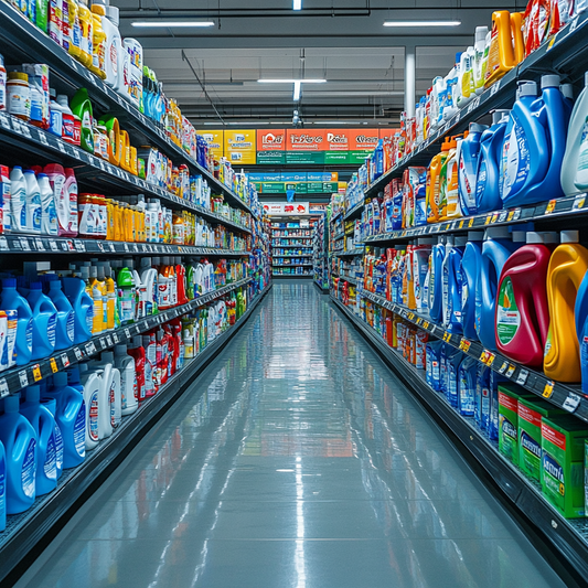 An AI generated image of a supermarket laundry aisle. Bring colours and packaging types stretch as far as the eye can see.