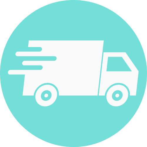 An image of a fast moving truck sits atop a toothpaste green background, signifying fast and cheap delivery.