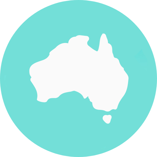 Icon of an off white map of Australia in a circular teal background.