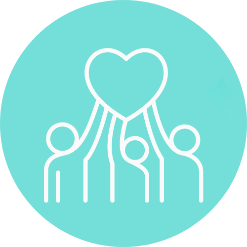 The image is a graphic icon representing a charity or support group with a stylized heart above three abstract human figures, conveying a message of love, community, and care.