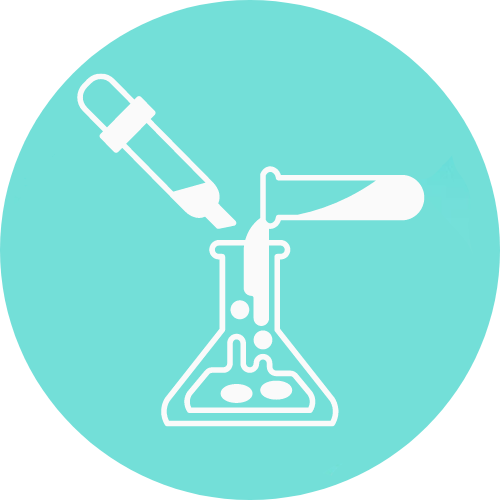 The image displays a simplistic white icon of a laboratory flask with a pipette on a soft turquoise background, symbolizing scientific precision and cleanliness in a modern, minimalist design.