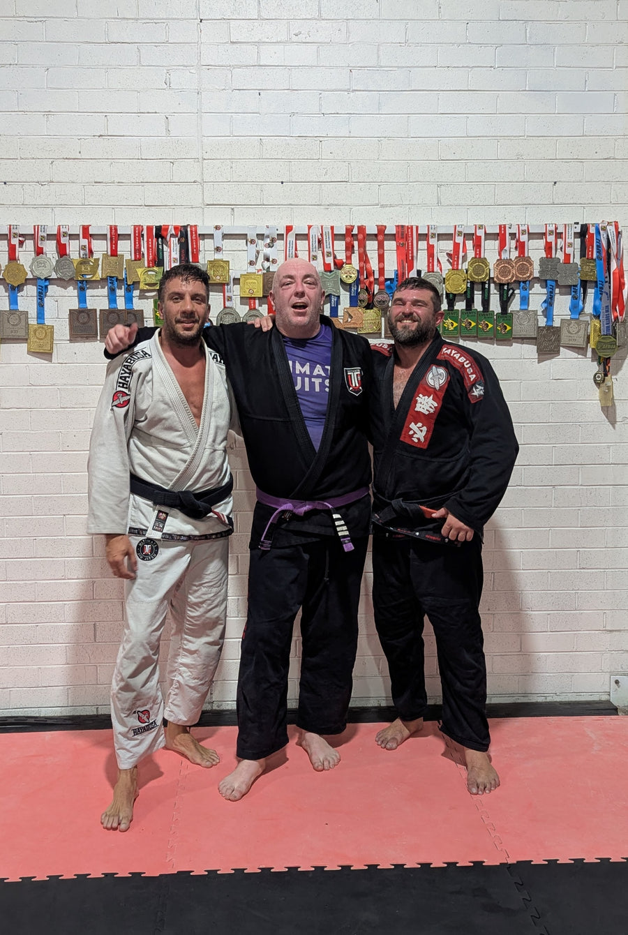 Three men in martial arts uniforms standing together on a pink mat in front of a white brick wall decorated with medals. The man in the center wears a black gi and purple belt, flanked by two men in white and black gi uniforms.