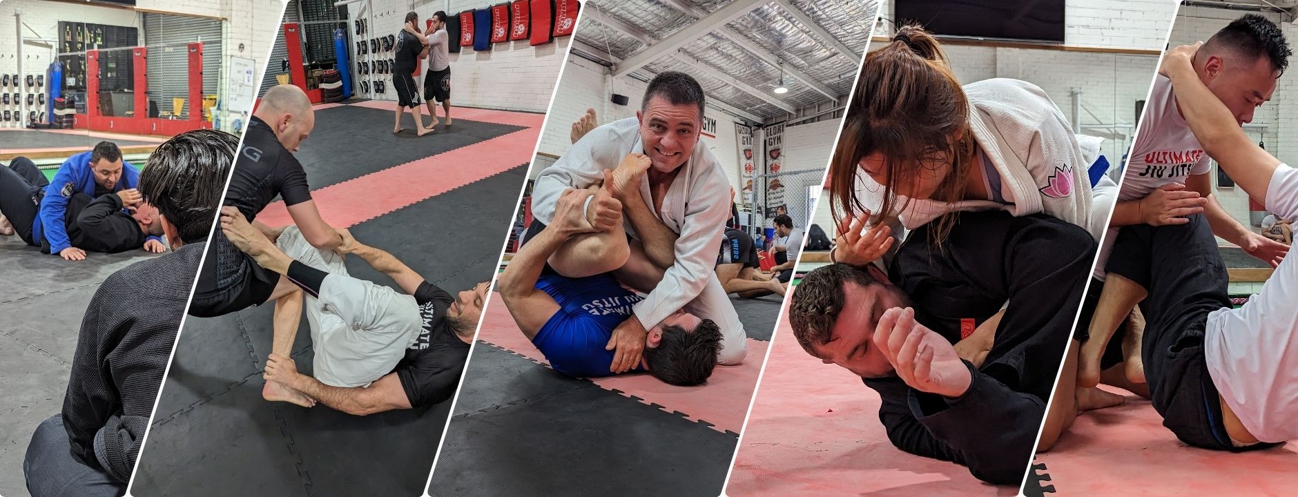 Five Brazilian Jiu-Jitsu training scenes – gi and no-gi grappling, rolling, and drilling in sweat-soaked gear