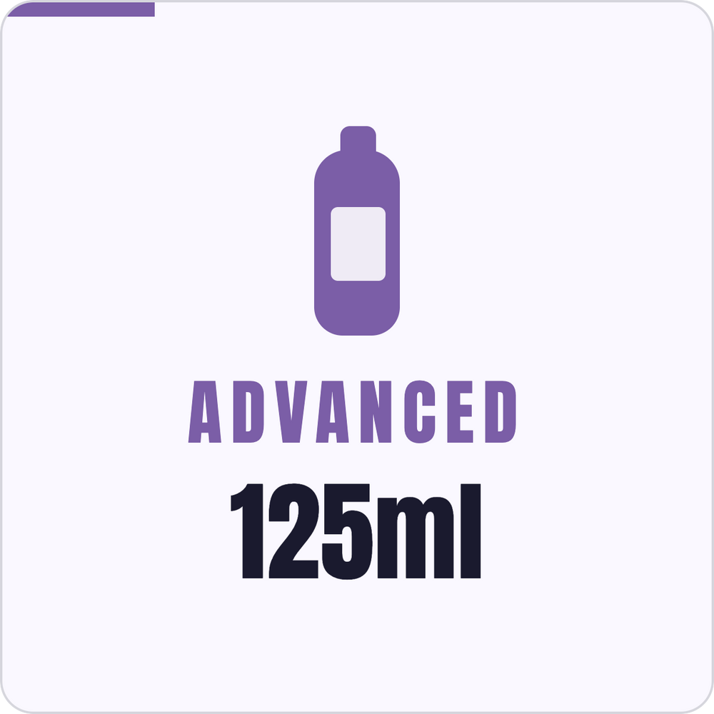 A simple icon showing a purple bottle with the word 'Advanced' below it, and the text '125ml' below that, on a white background.