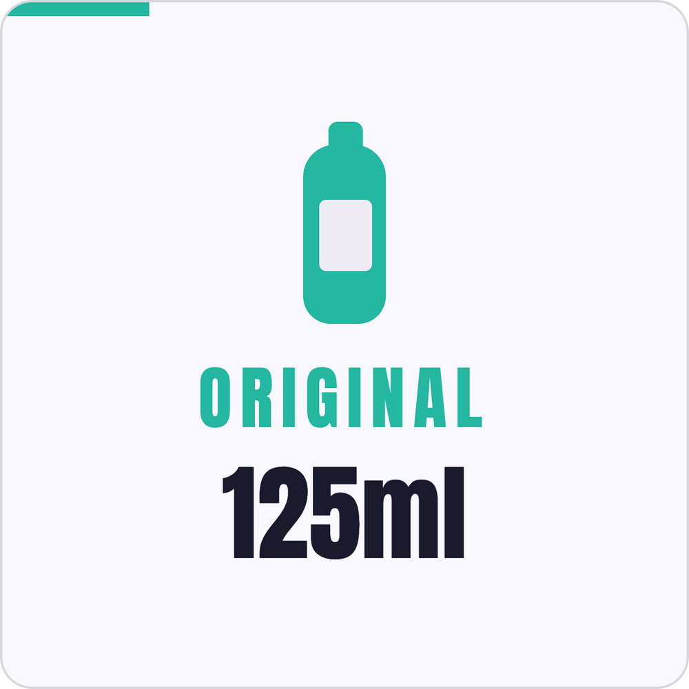 A simple icon showing a single teal bottle with the word 'Original' below it, and the text '125 ml' below that, on a white background.