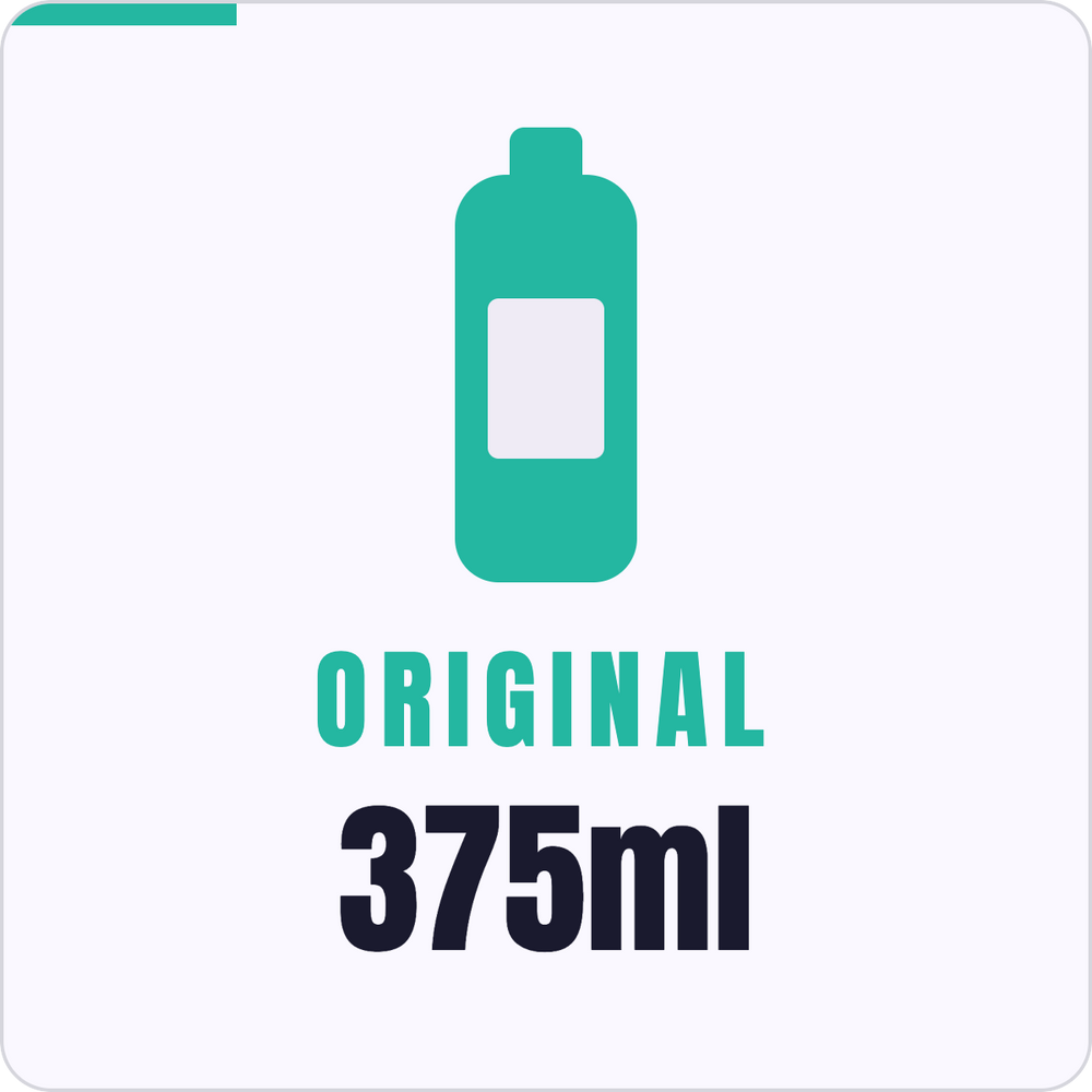 A simple icon showing a single teal bottle with the word 'Original' below it, and the text '375ml' below that, on a white background.