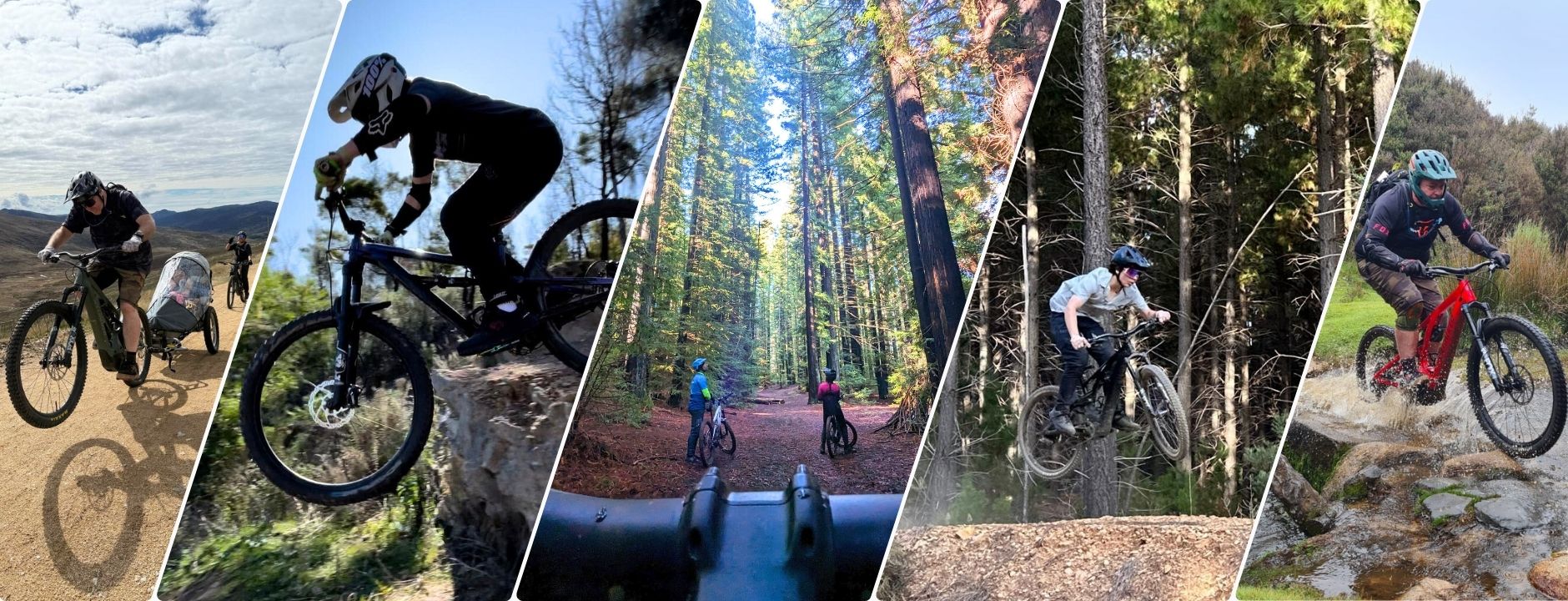 Five scenes of mountain biking – from technical trails and forest rides to family bikepacking and water crossings, where gear gets hot and sweaty